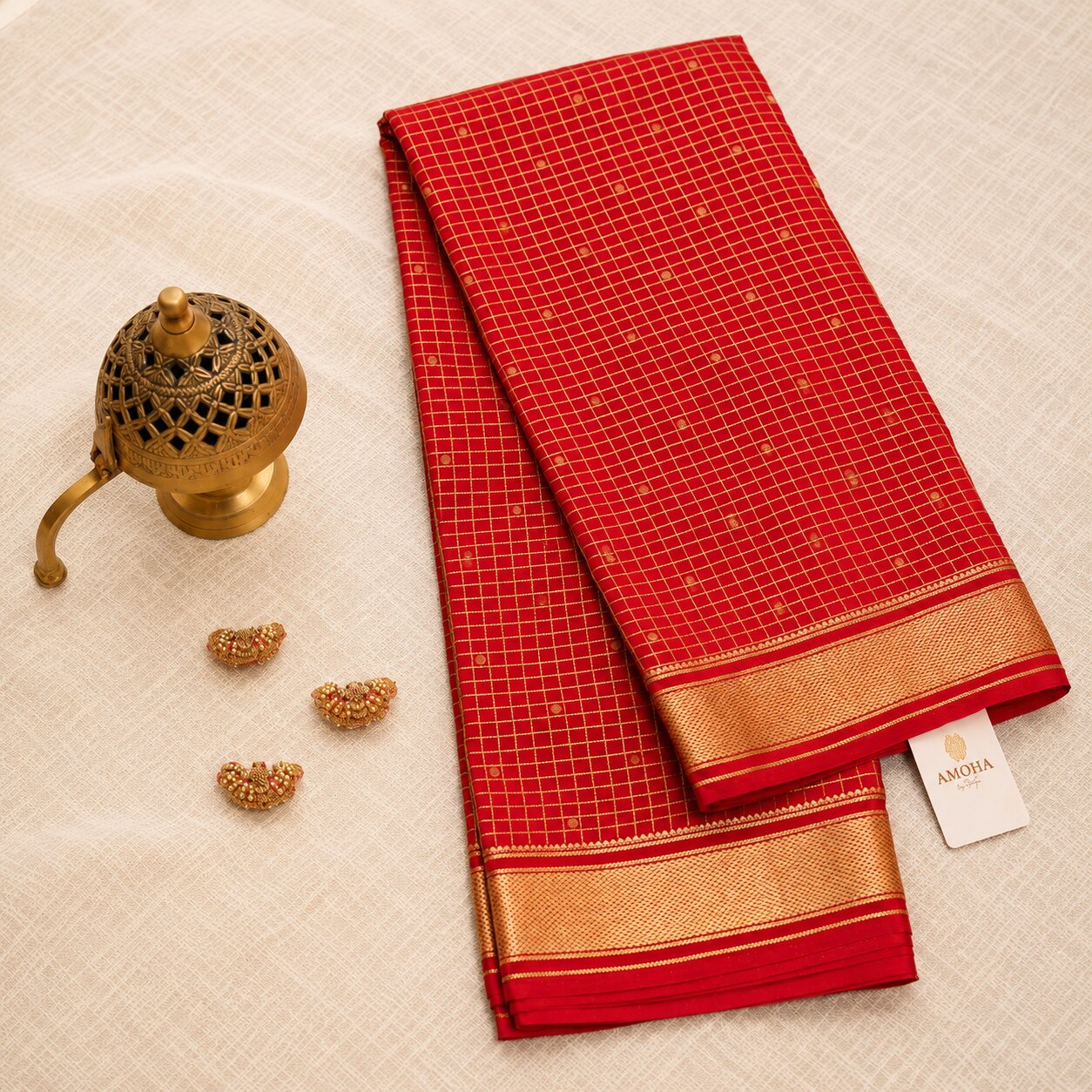 Red with Golden Border - Brocade pure Mysore silk