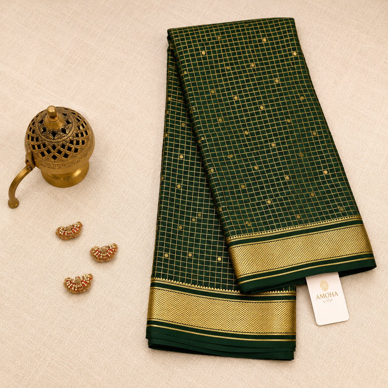 Green with Checkered Golden Border - Brocade pure Mysore silk