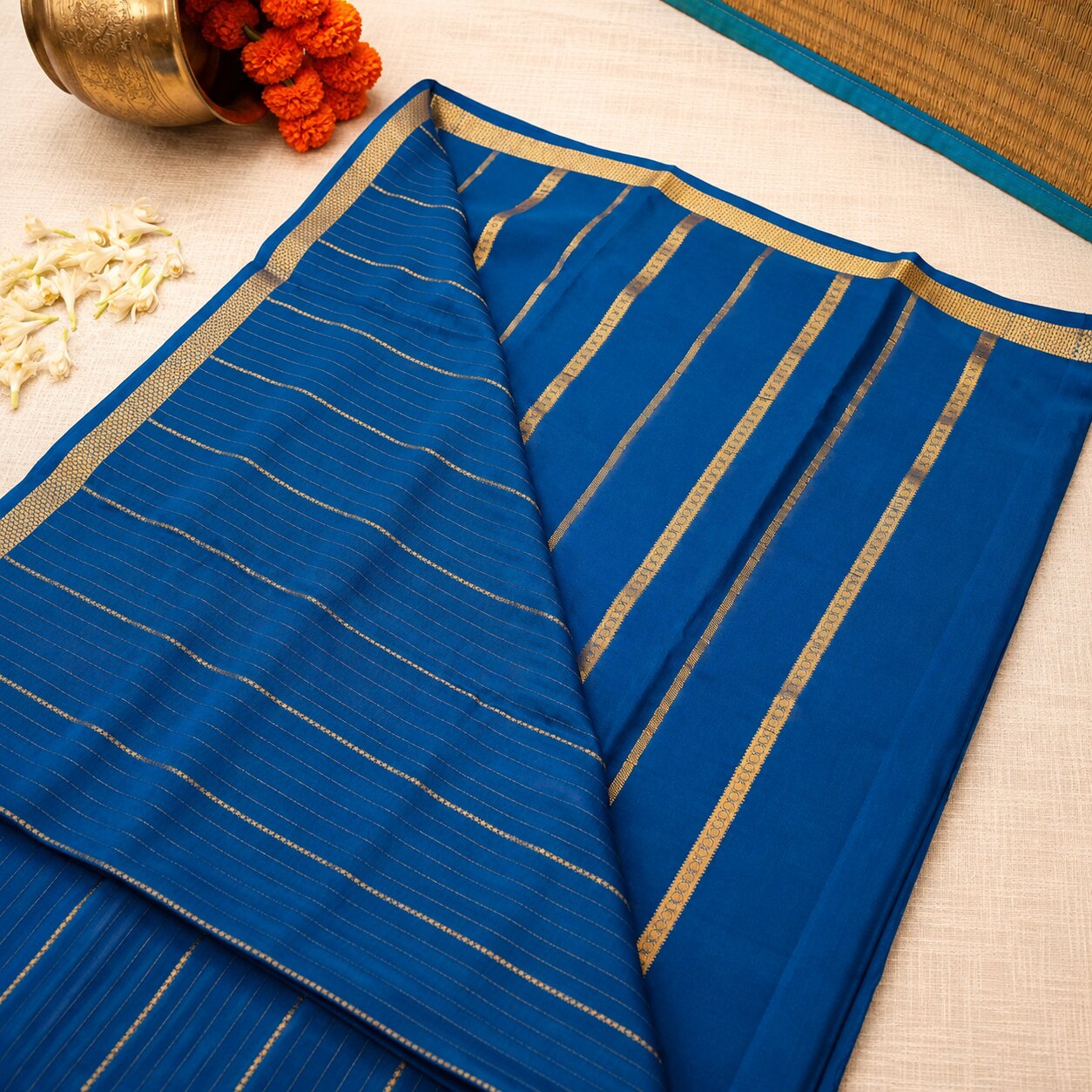 Teal Blue - Brocade pure Mysore silk