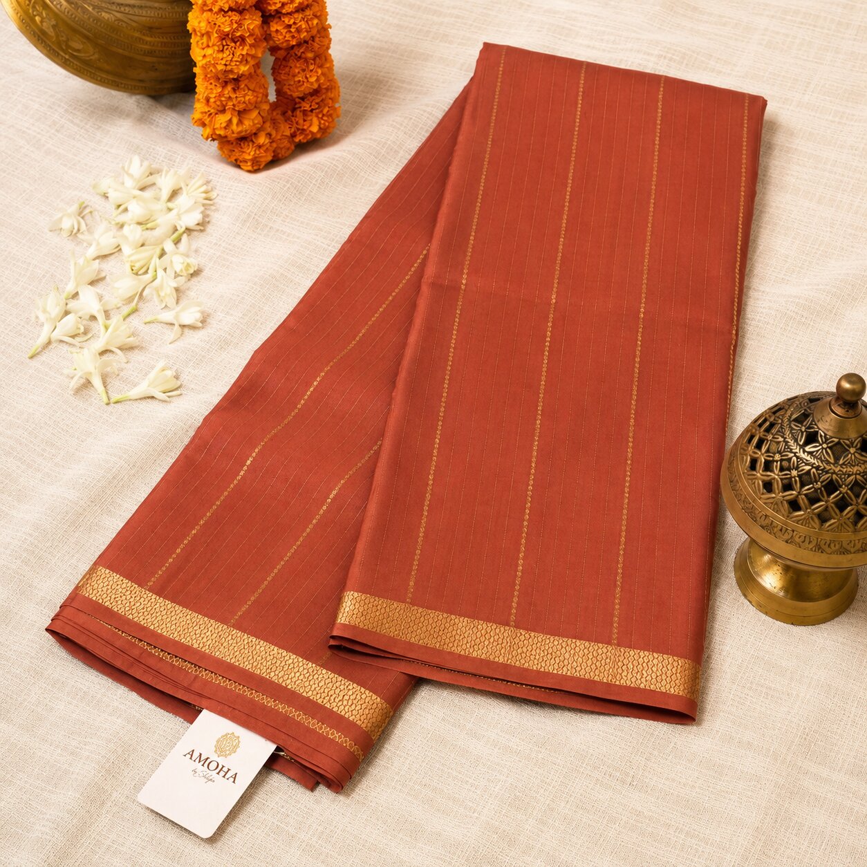 Rust Orange - Brocade pure Mysore silk