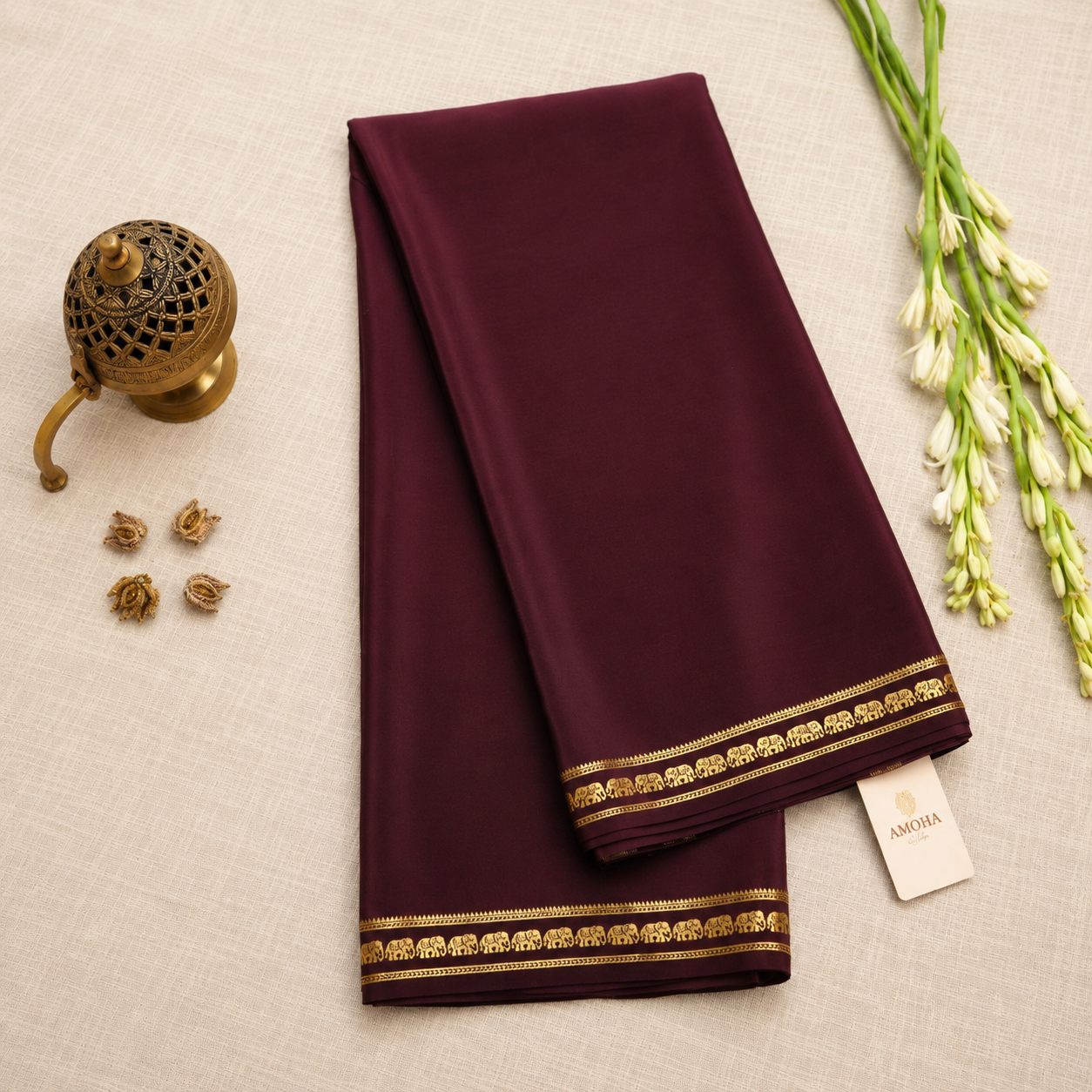 Brown with Golden border - Pure Zari Mysore Silk Crepe
