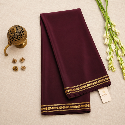 Brown with Golden border - Pure Zari Mysore Silk Crepe