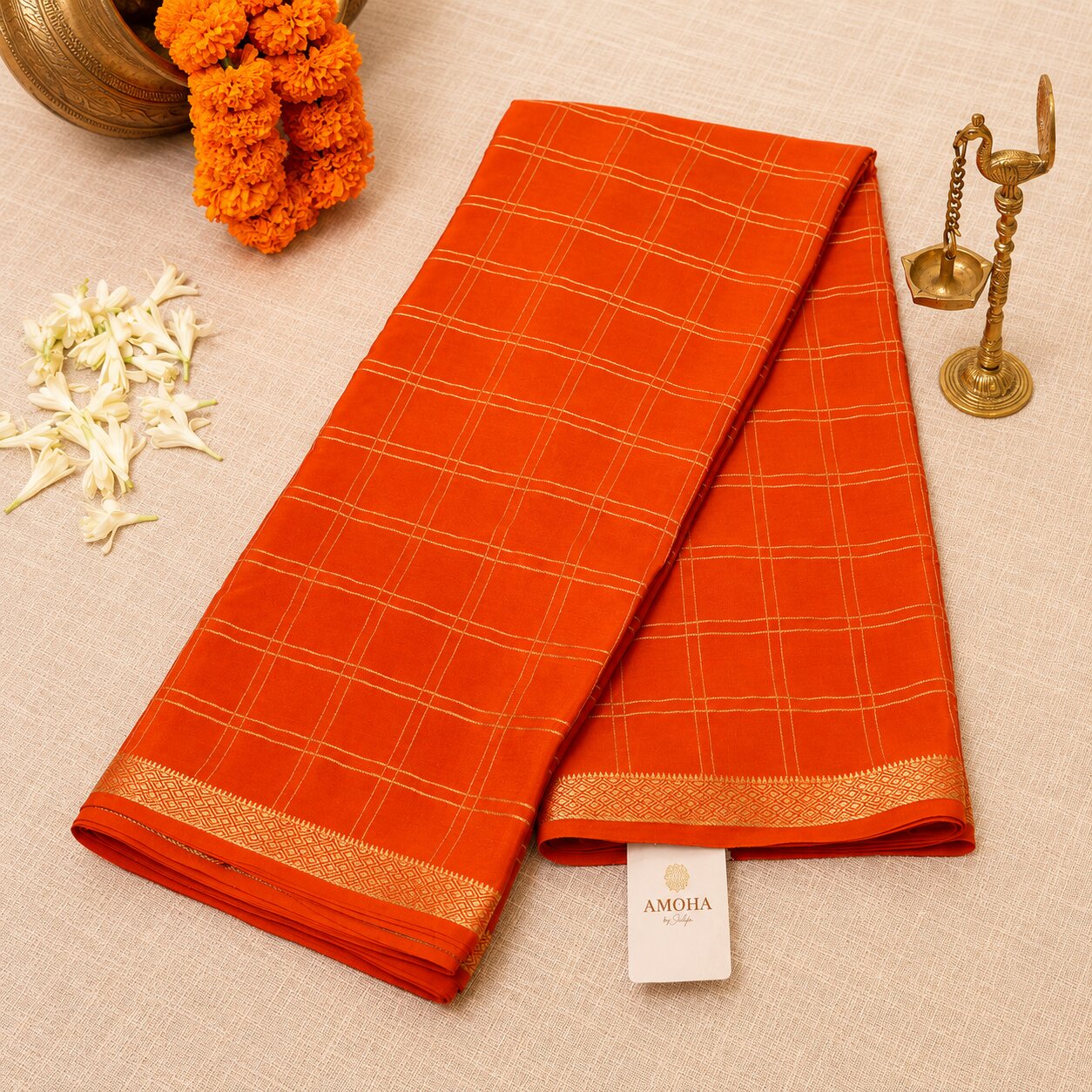 Bright Orange - Brocade pure Mysore silk