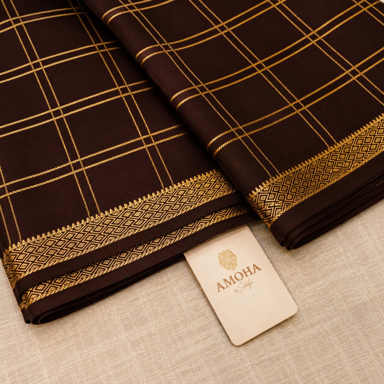 Brown with Checkered patter - Brocade pure Mysore silk