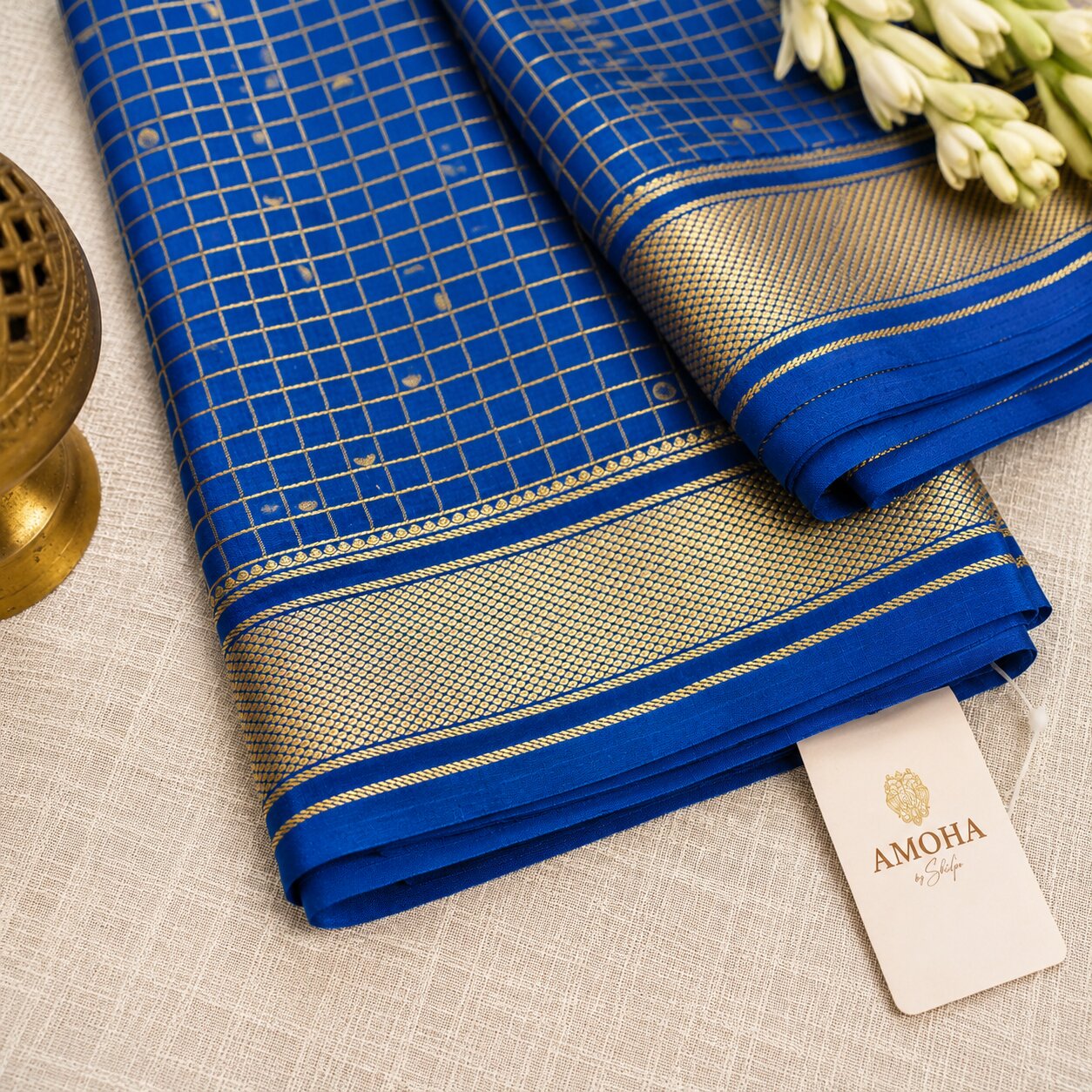 Blue with Checkered Golden Border - Brocade pure Mysore silk