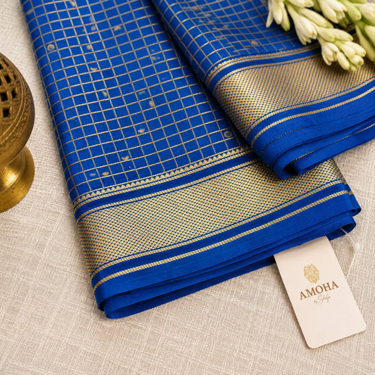 Blue with Checkered Golden Border - Brocade pure Mysore silk