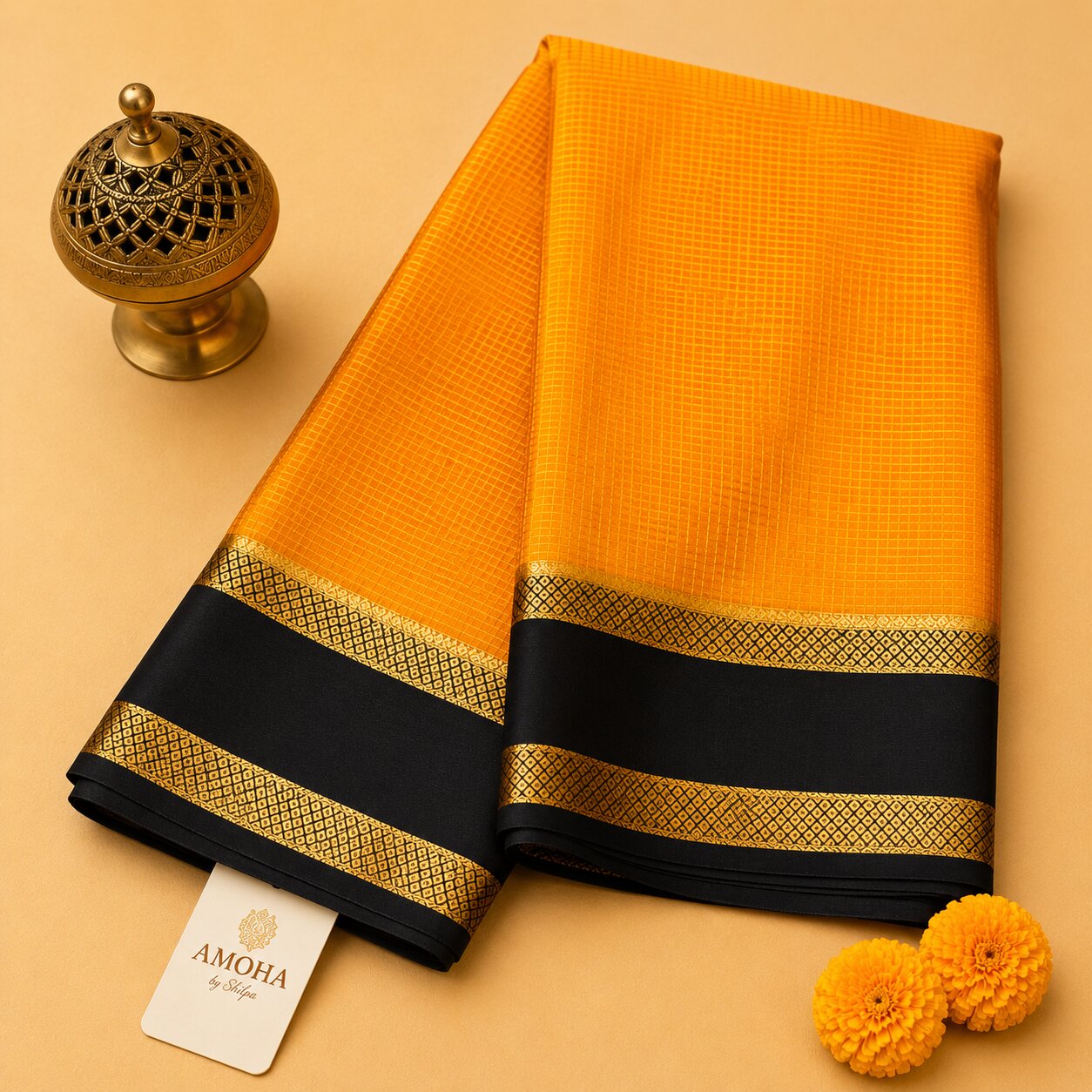 Yellow & Black - Brocade pure Mysore silk