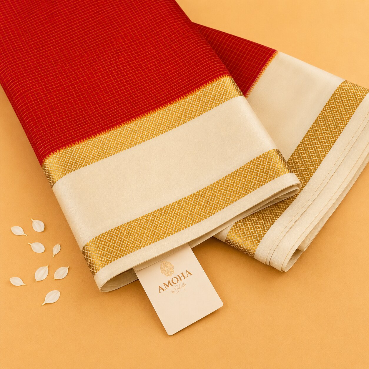 Red & Half White - Brocade pure Mysore silk