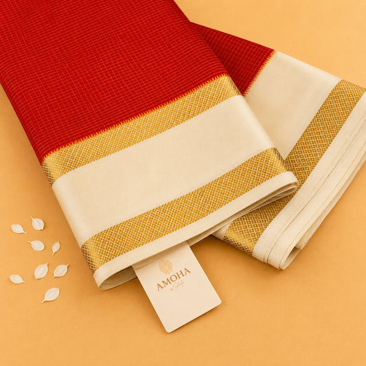 Red & Half White - Brocade pure Mysore silk