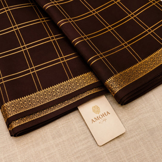 Brown with Checkered patter - Brocade pure Mysore silk