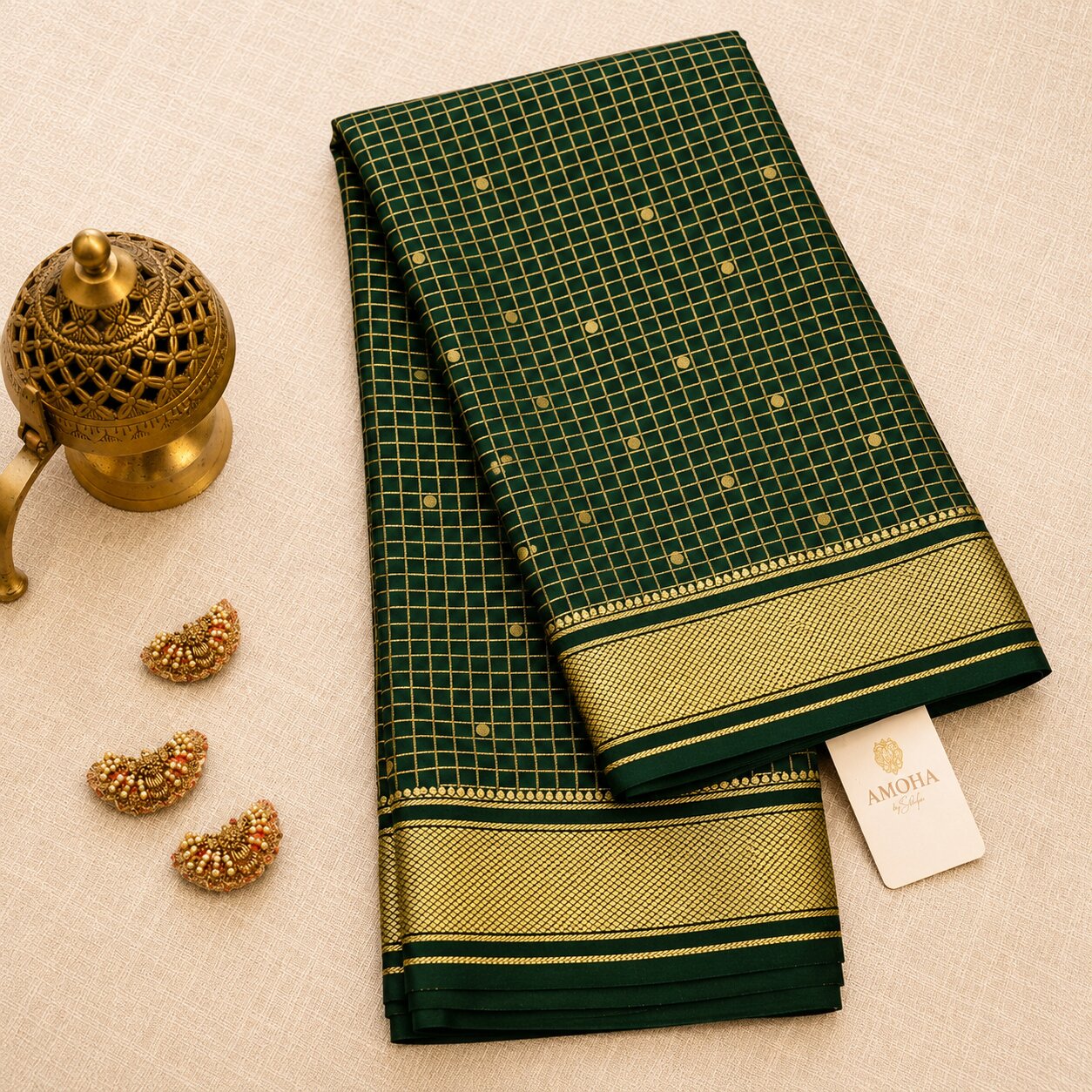 Green with Checkered Golden Border - Brocade pure Mysore silk