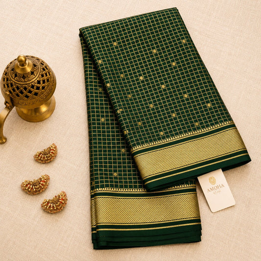 Green with Checkered Golden Border - Brocade pure Mysore silk