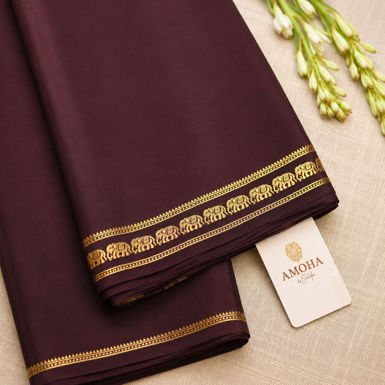 Brown with Golden border - Pure Zari Mysore Silk Crepe
