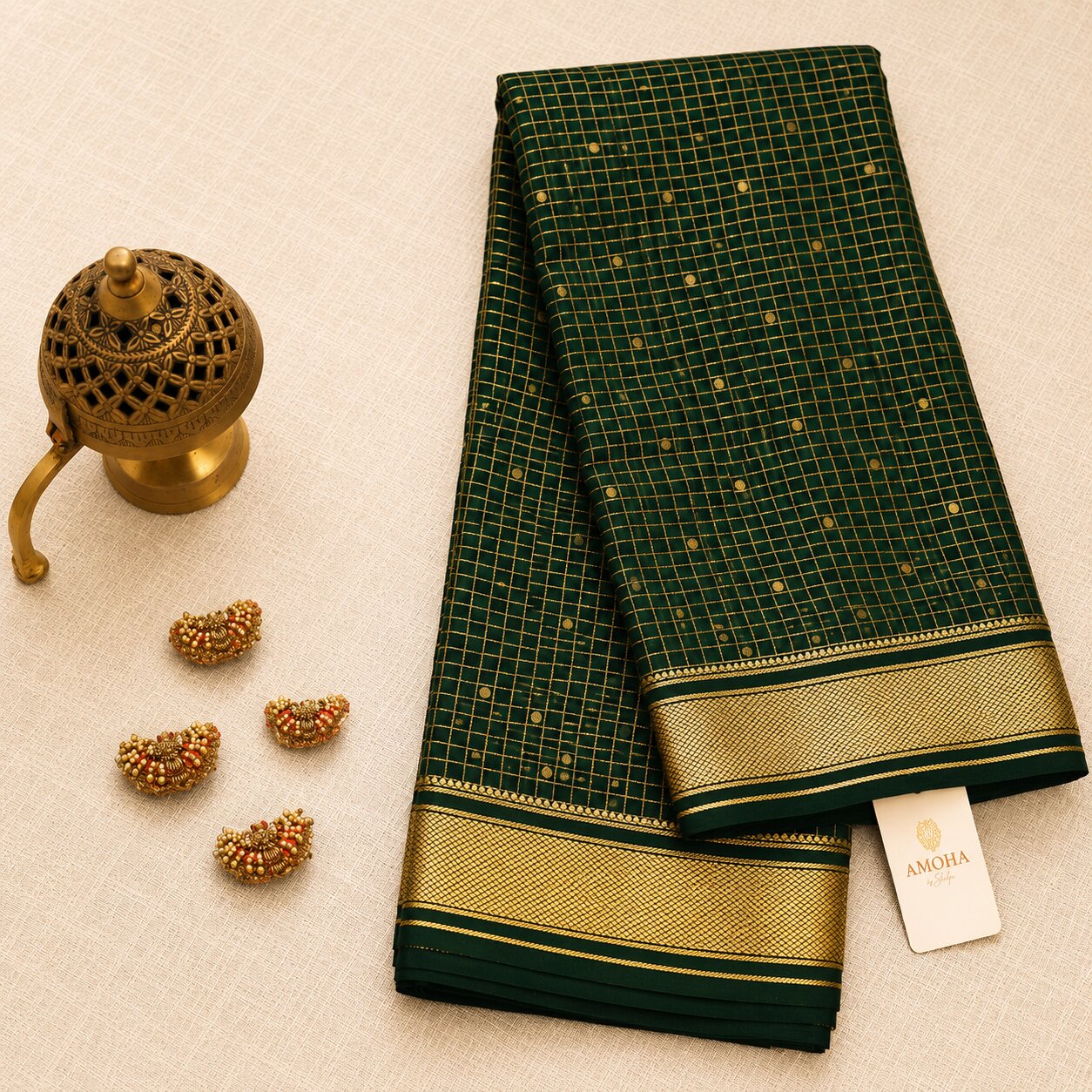 Green with Checkered Golden Border - Brocade pure Mysore silk