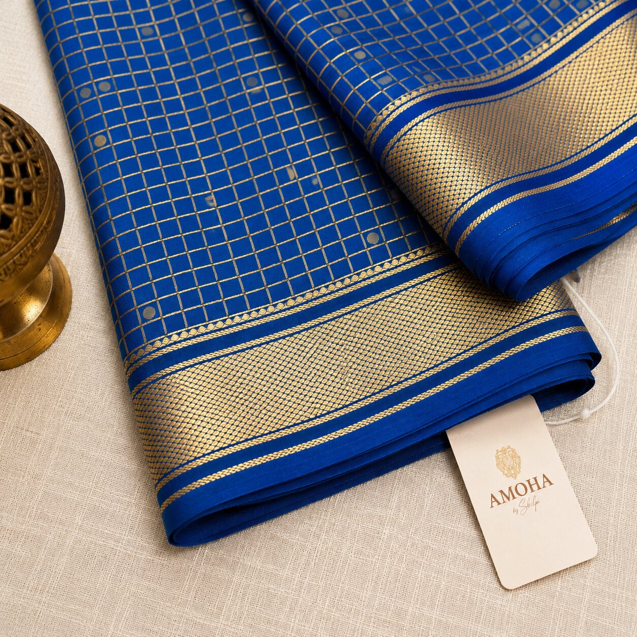 Blue with Checkered Golden Border - Brocade pure Mysore silk