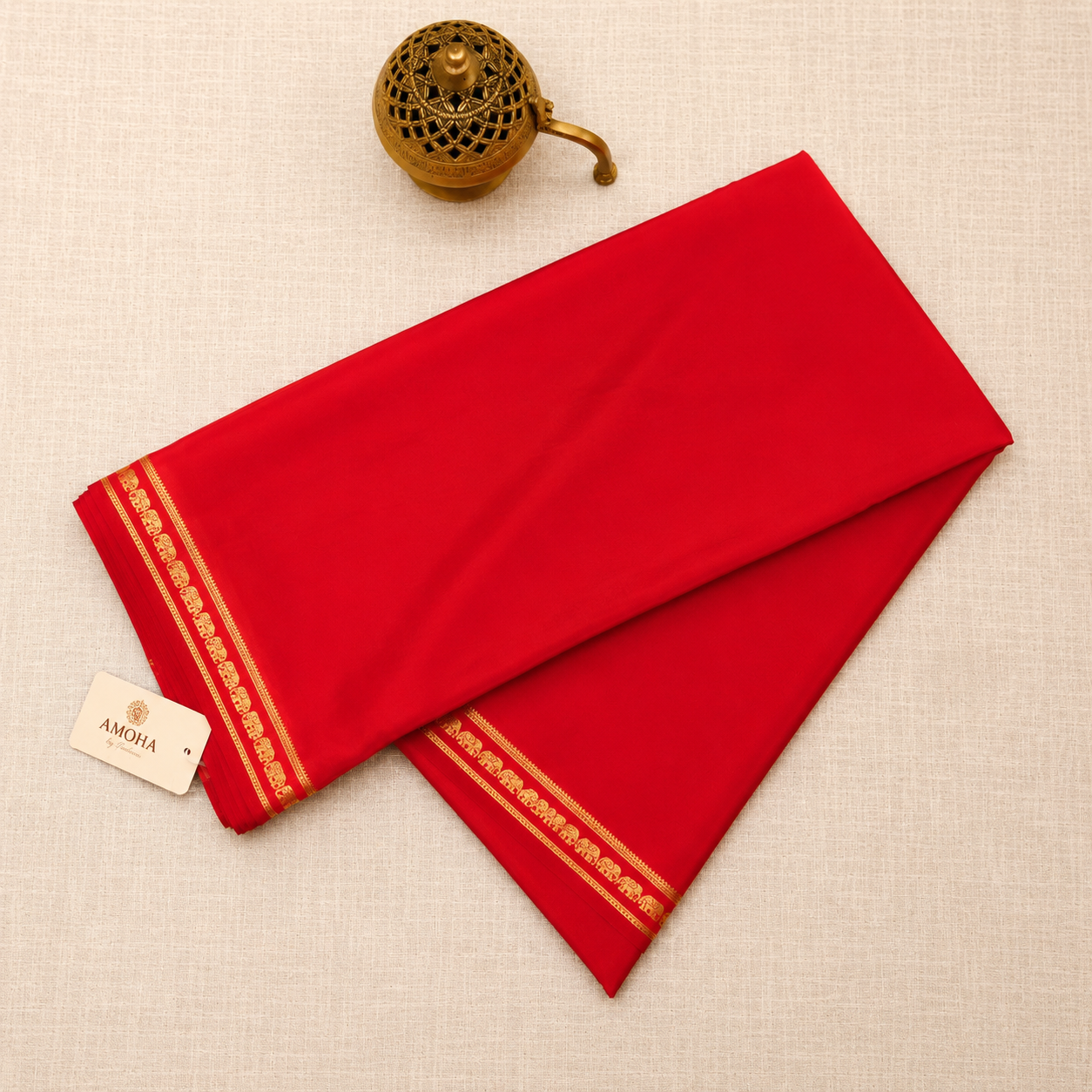 Red with Golden border - Pure Zari Mysore Silk Crepe