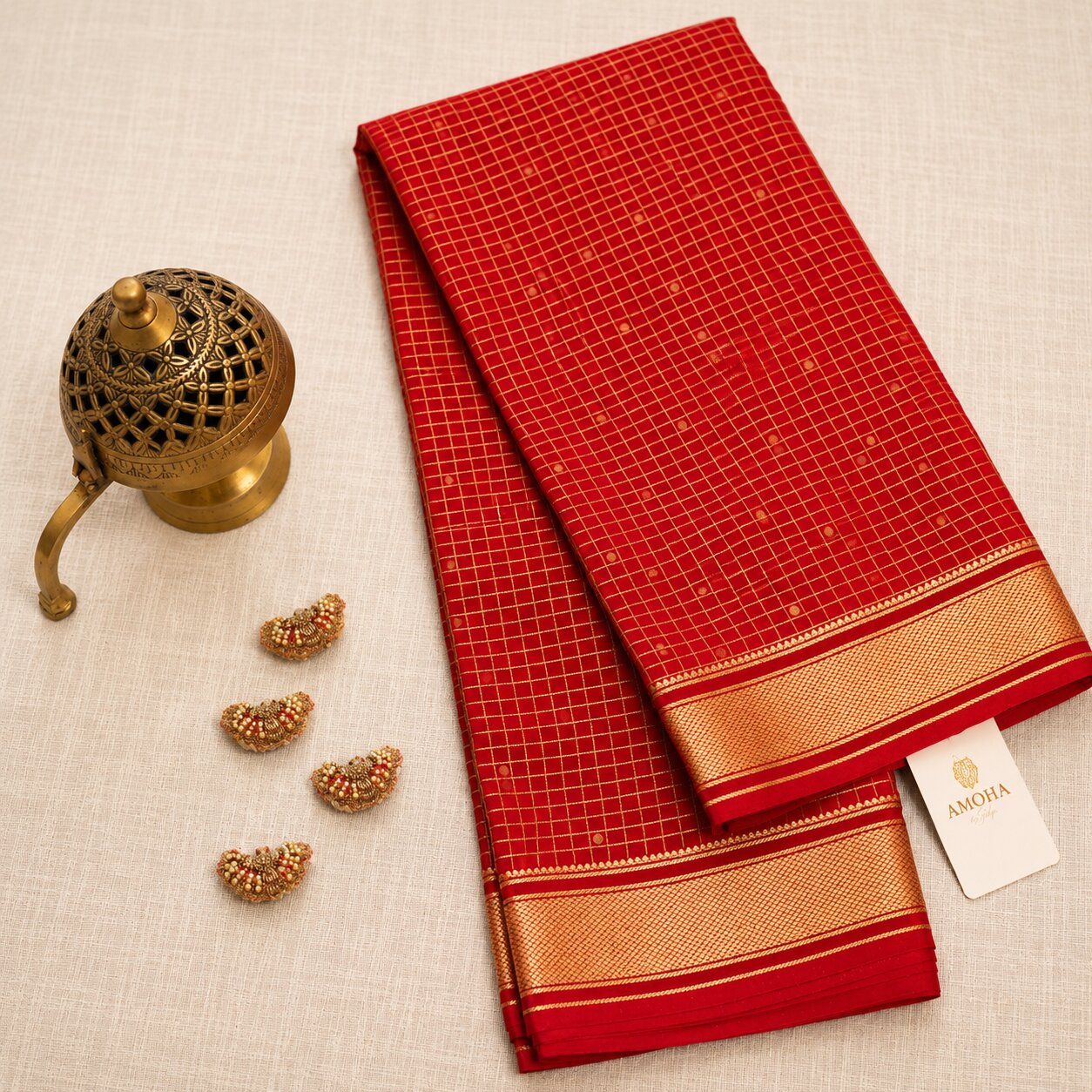 Red with Golden Border - Brocade pure Mysore silk
