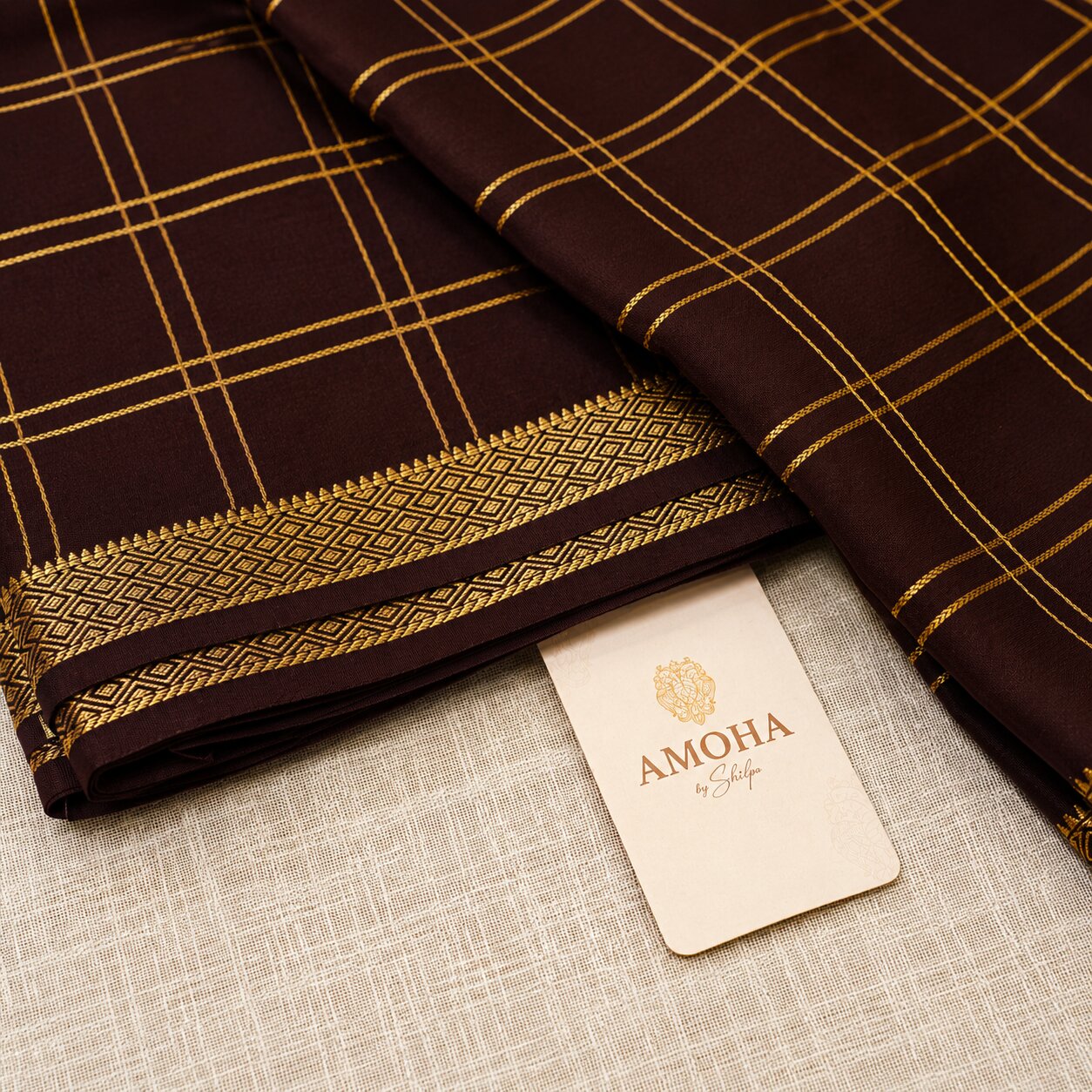 Brown with Checkered patter - Brocade pure Mysore silk
