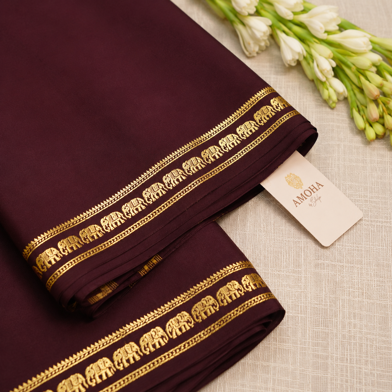 Brown with Golden border - Pure Zari Mysore Silk Crepe