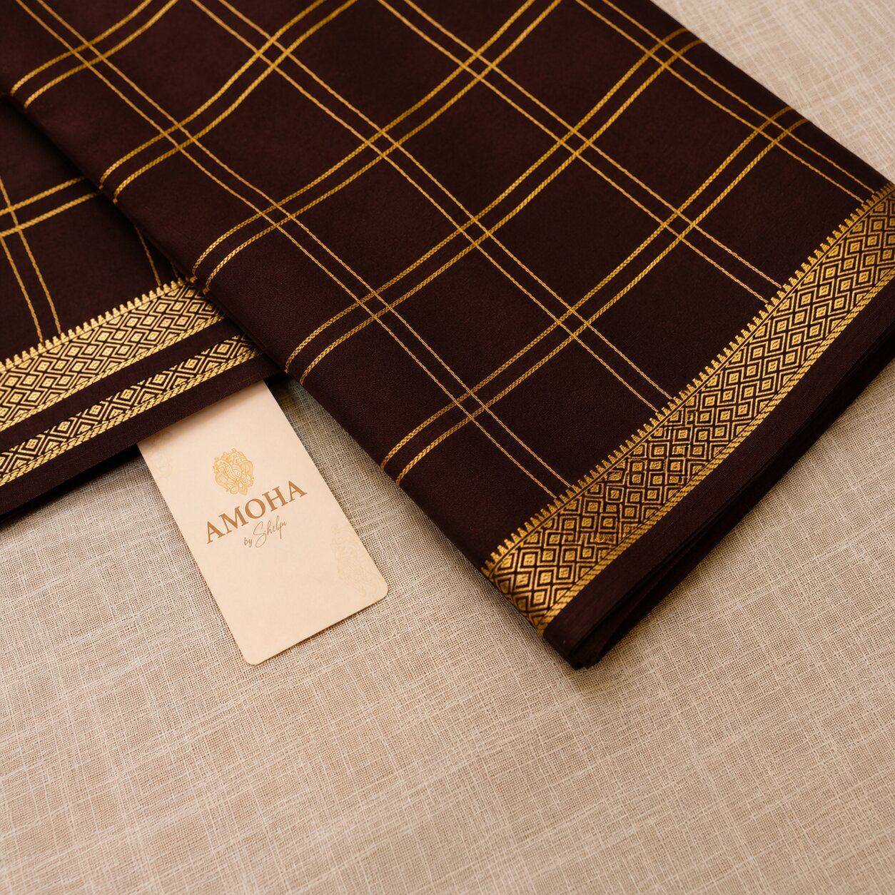 Brown with Checkered patter - Brocade pure Mysore silk