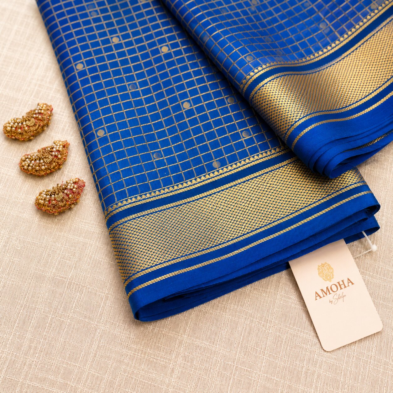 Blue with Checkered Golden Border - Brocade pure Mysore silk