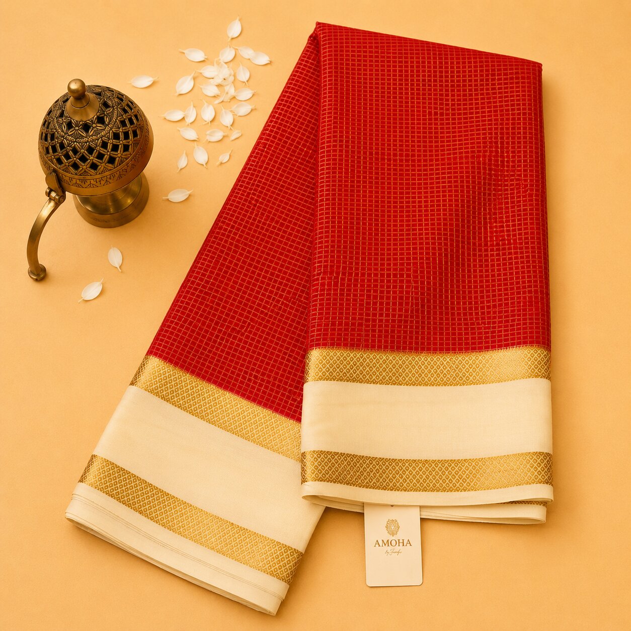 Red & Half White - Brocade pure Mysore silk