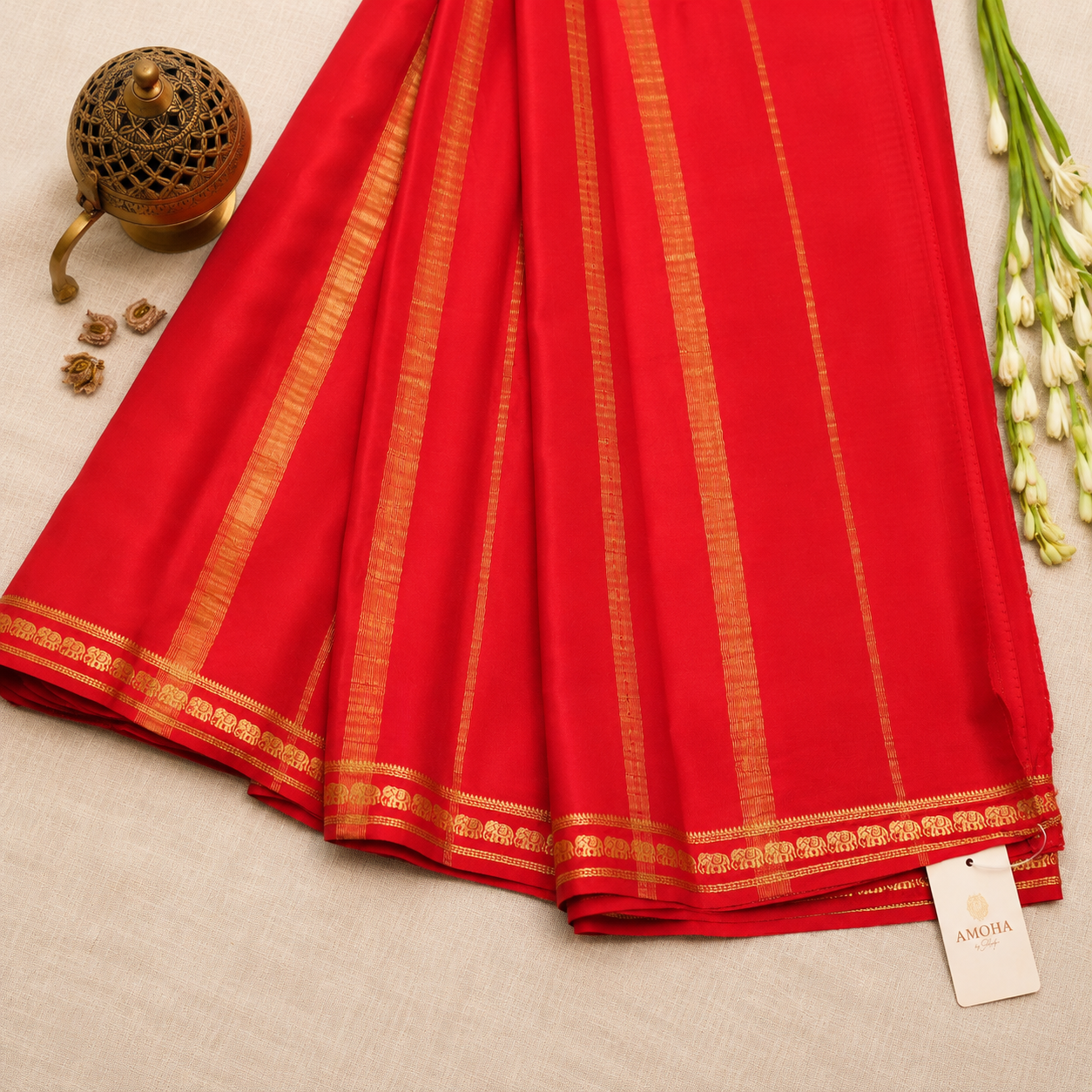 Red with Golden border - Pure Zari Mysore Silk Crepe