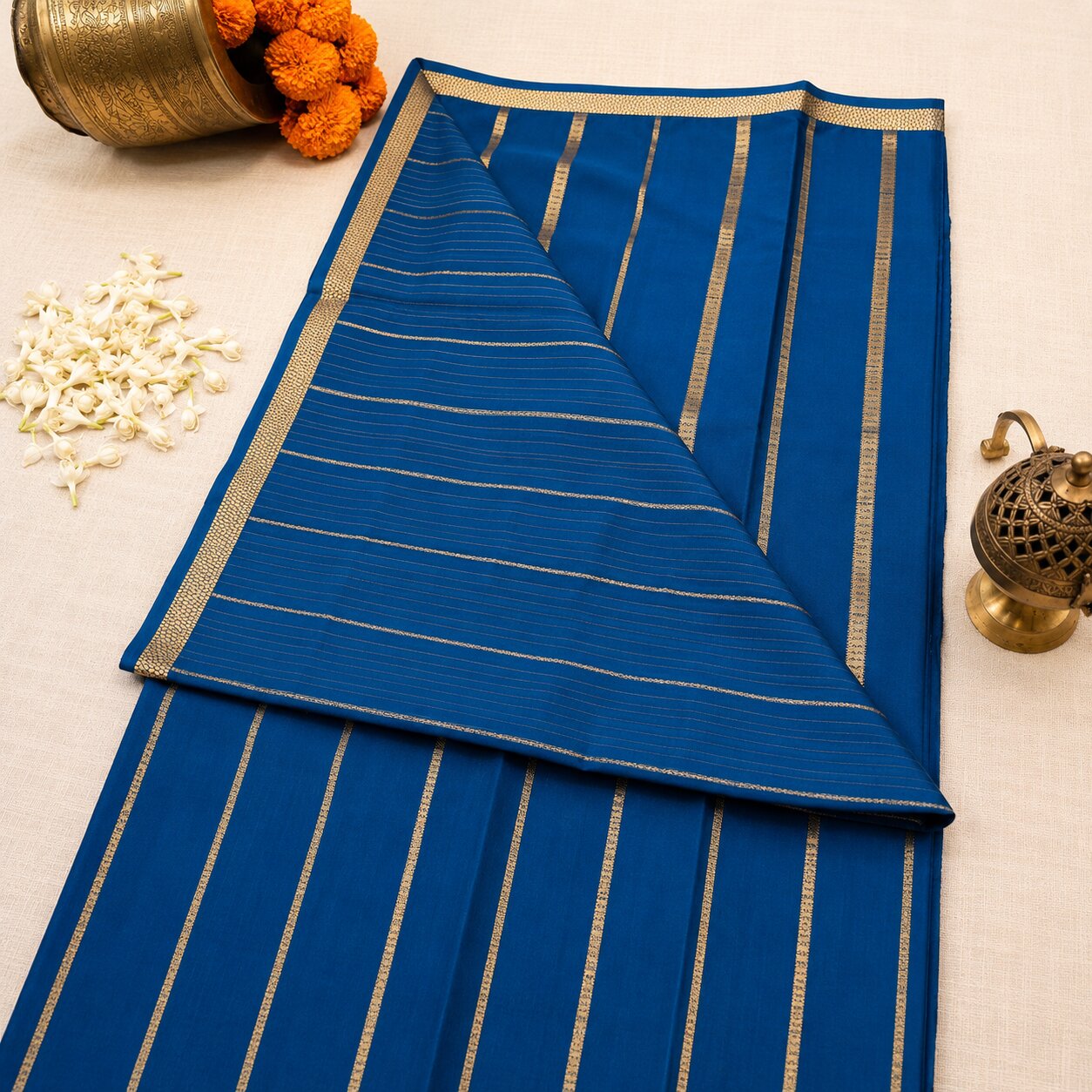 Teal Blue - Brocade pure Mysore silk