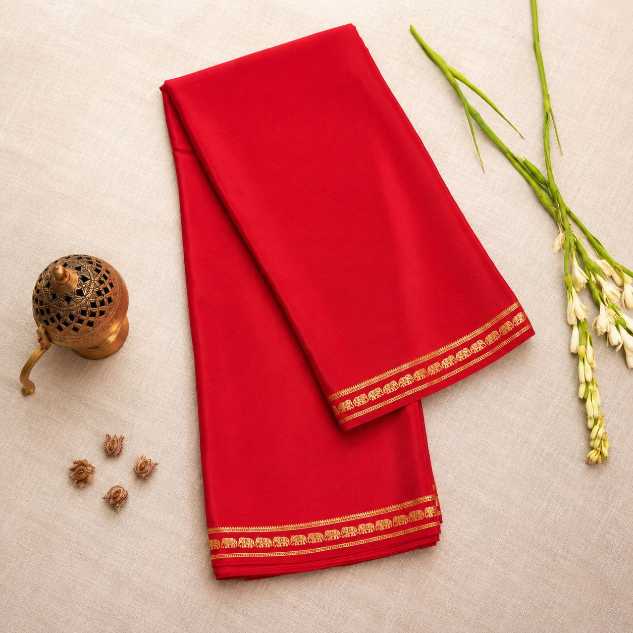 Red with Golden border - Pure Zari Mysore Silk Crepe