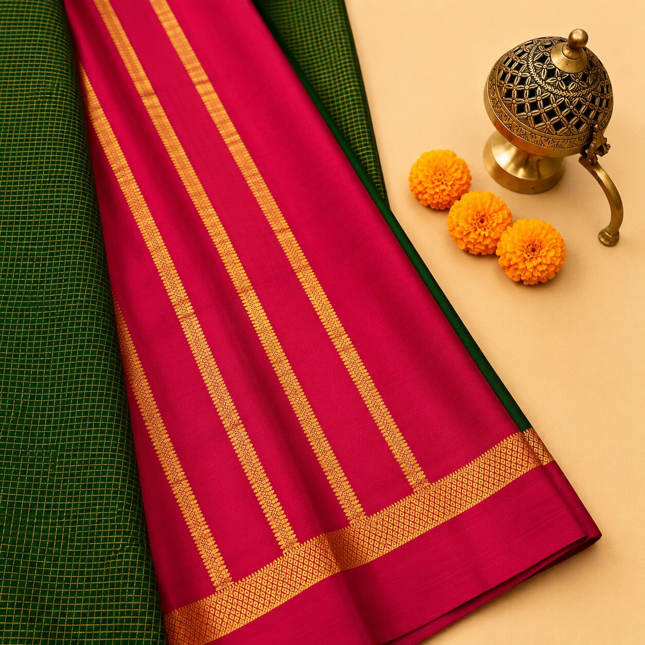 Green & Pink - Brocade pure Mysore silk