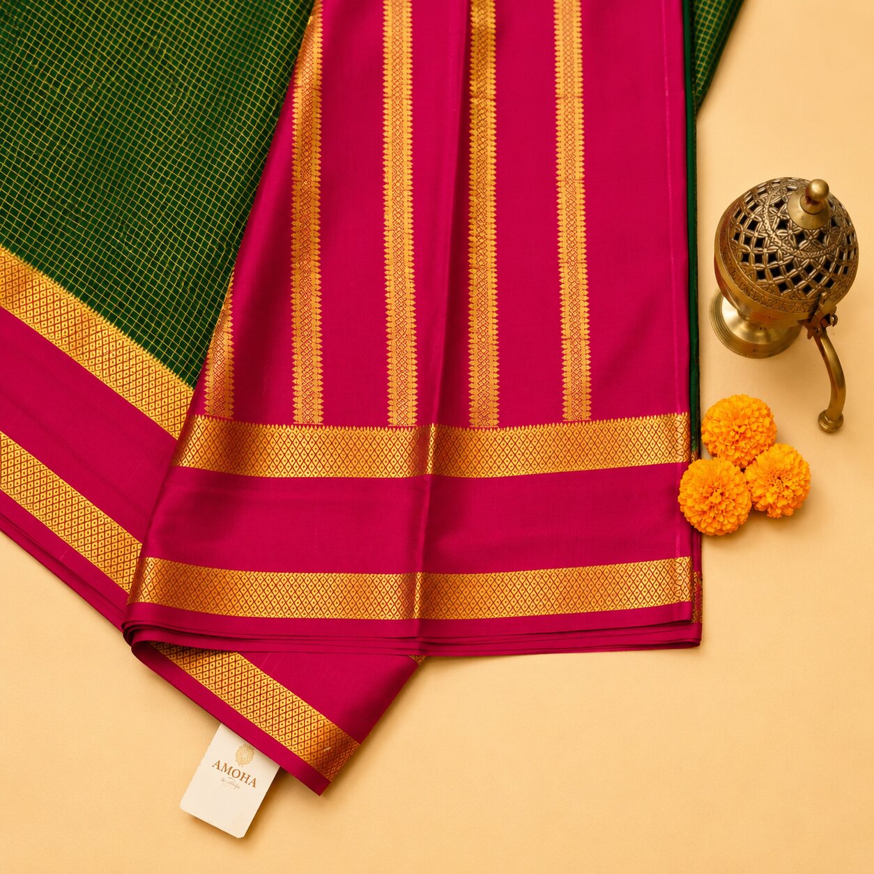 Green & Pink - Brocade pure Mysore silk