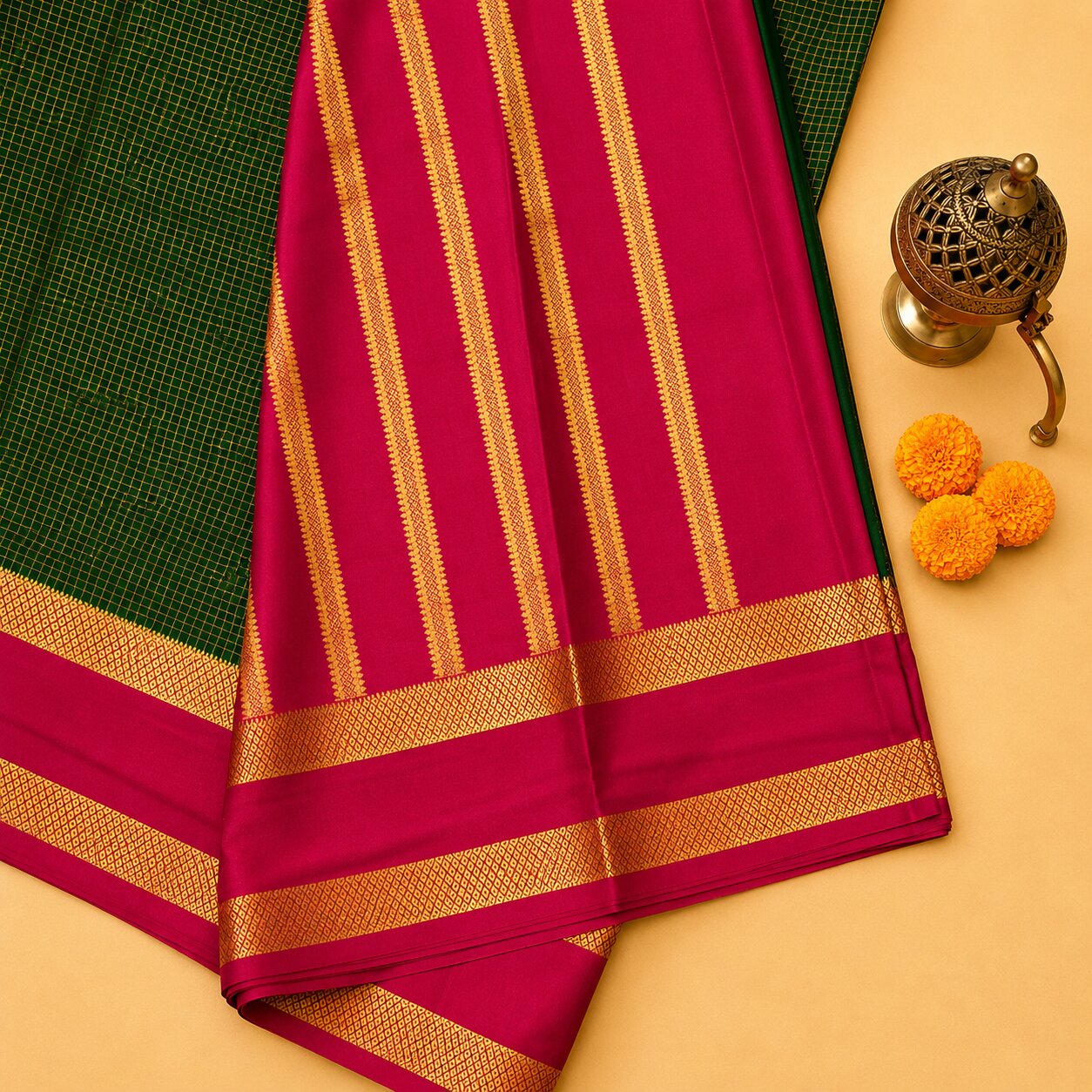 Green & Pink - Brocade pure Mysore silk